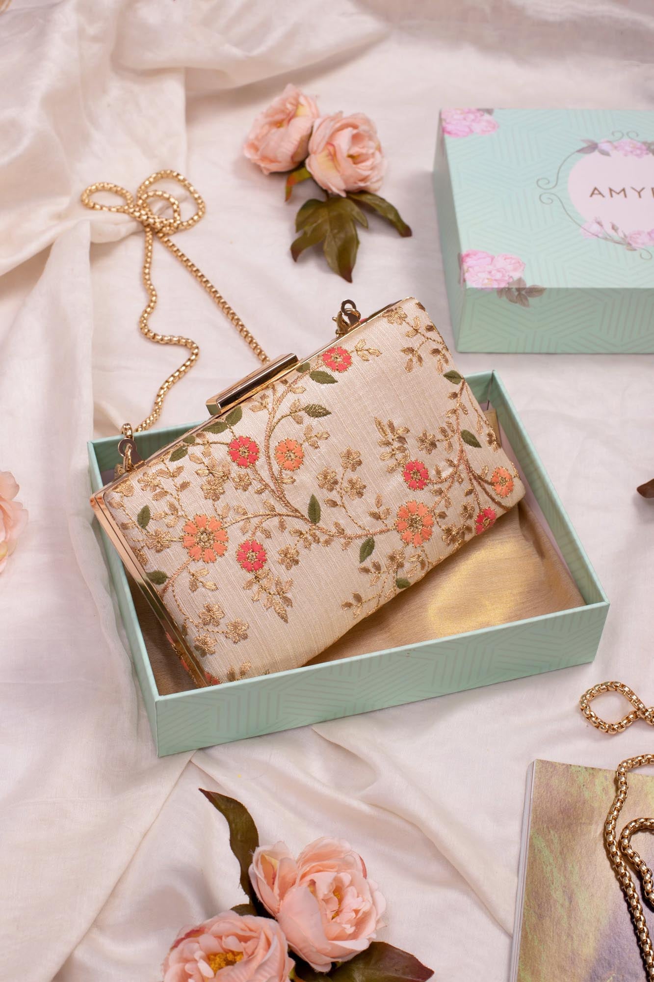 Buy Cream Floral Creeper Box Clutch Online in India The AMYRA Store